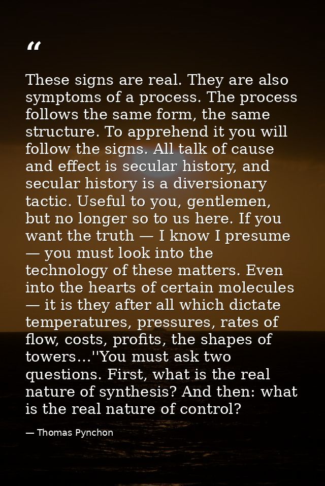 These signs are real. They are also symptoms of a process. The process follows the same form, the same structure. To app — Thomas Pynchon