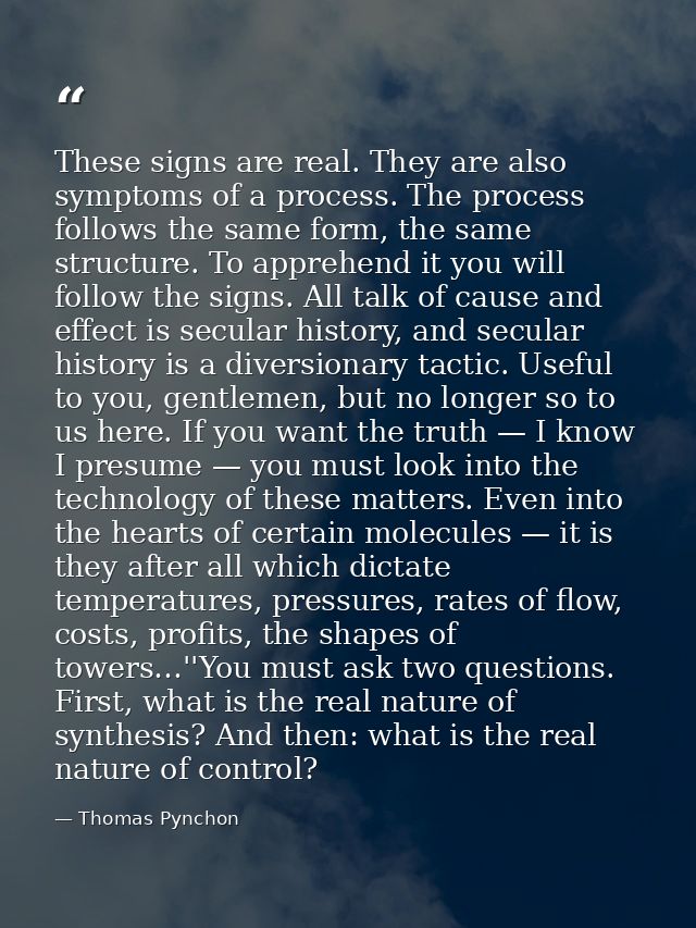 These signs are real. They are also symptoms of a process. The process follows the same form, the same structure. To app — Thomas Pynchon
