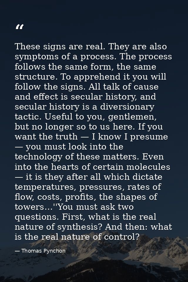 These signs are real. They are also symptoms of a process. The process follows the same form, the same structure. To app — Thomas Pynchon
