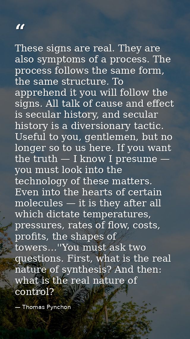 These signs are real. They are also symptoms of a process. The process follows the same form, the same structure. To app — Thomas Pynchon