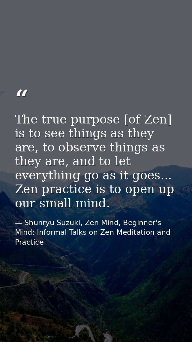 The true purpose [of Zen] is to see things as they are, to observe things as they are, and to let everything go as it go — Shunryu Suzuki, Zen Mind, Beginner's Mind: Informal Talks on Zen Meditation and Practice