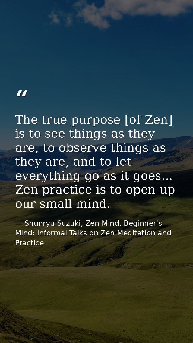 The true purpose [of Zen] is to see things as they are, to observe things as they are, and to let everything go as it go — Shunryu Suzuki, Zen Mind, Beginner's Mind: Informal Talks on Zen Meditation and Practice
