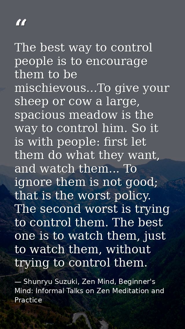 The best way to control people is to encourage them to be mischievous...To give your sheep or cow a large, spacious mead — Shunryu Suzuki, Zen Mind, Beginner's Mind: Informal Talks on Zen Meditation and Practice