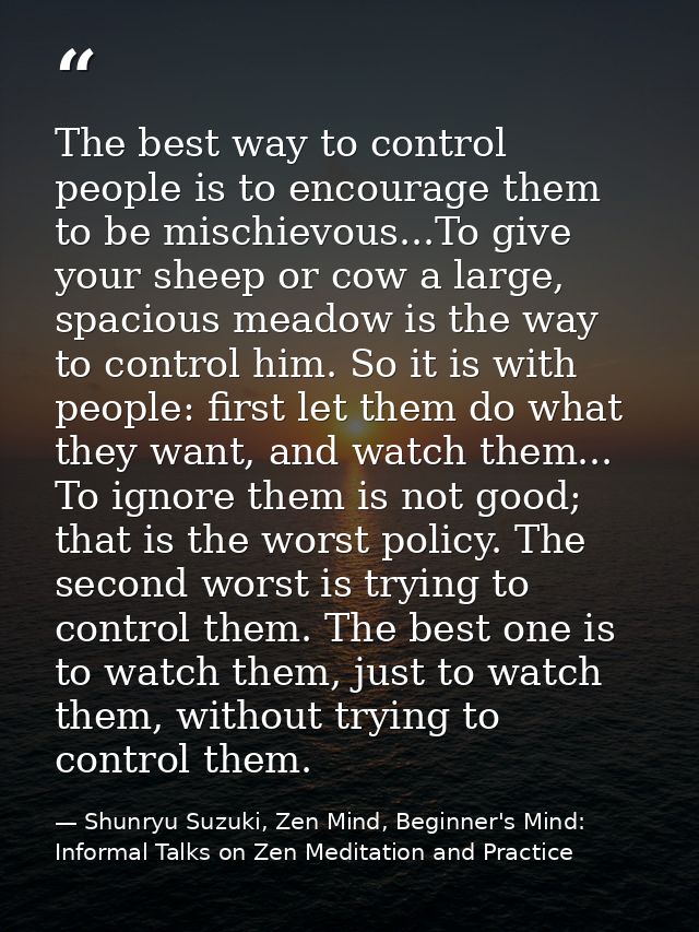 The best way to control people is to encourage them to be mischievous...To give your sheep or cow a large, spacious mead — Shunryu Suzuki, Zen Mind, Beginner's Mind: Informal Talks on Zen Meditation and Practice