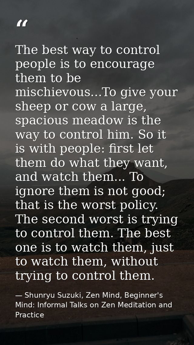 The best way to control people is to encourage them to be mischievous...To give your sheep or cow a large, spacious mead — Shunryu Suzuki, Zen Mind, Beginner's Mind: Informal Talks on Zen Meditation and Practice