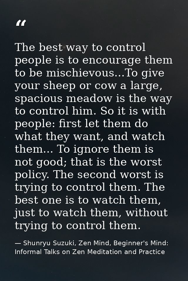The best way to control people is to encourage them to be mischievous...To give your sheep or cow a large, spacious mead — Shunryu Suzuki, Zen Mind, Beginner's Mind: Informal Talks on Zen Meditation and Practice