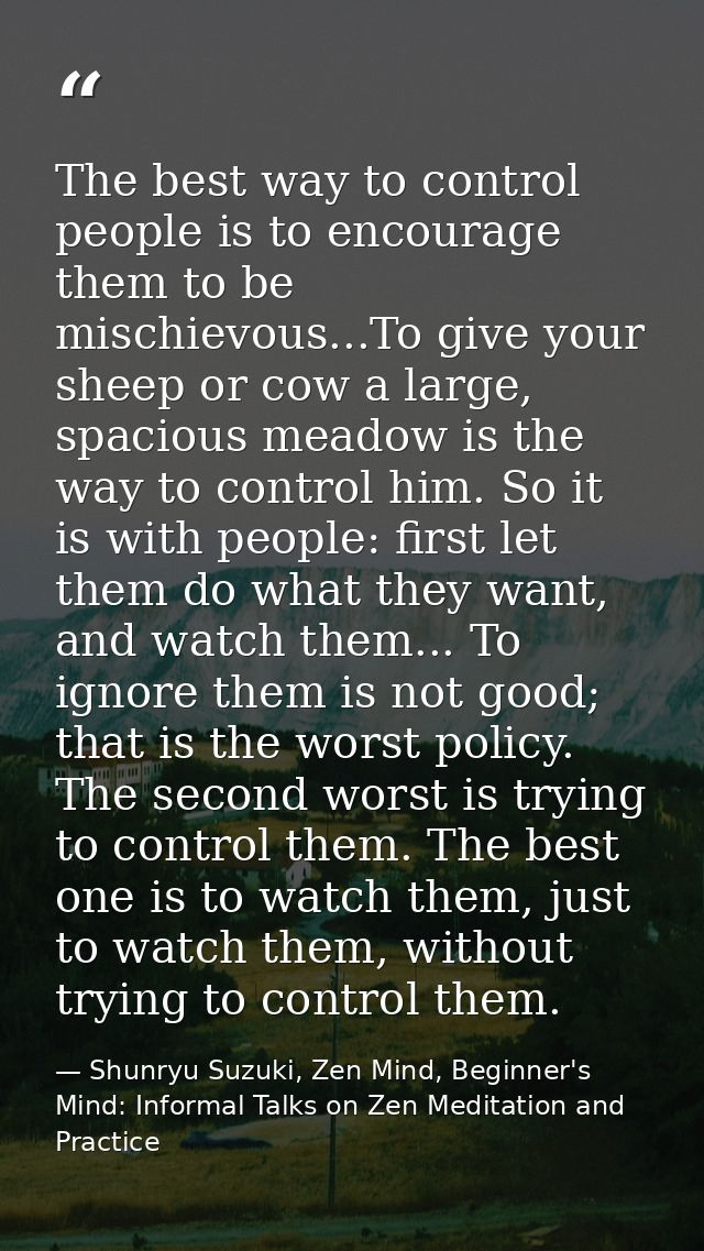The best way to control people is to encourage them to be mischievous...To give your sheep or cow a large, spacious mead — Shunryu Suzuki, Zen Mind, Beginner's Mind: Informal Talks on Zen Meditation and Practice