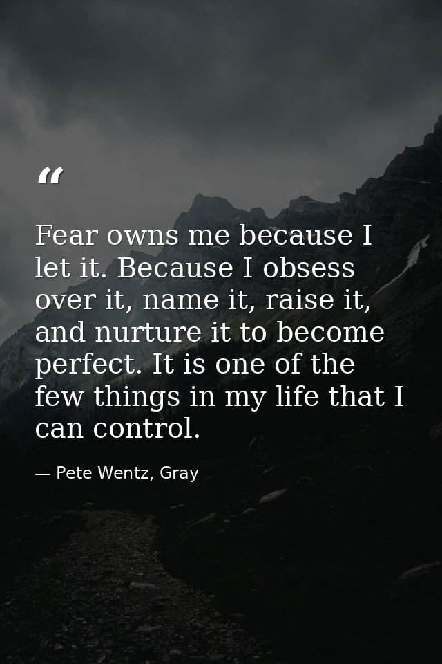 Fear owns me because I let it. Because I obsess over it, name it, raise it, and nurture it to become perfect. It is one  — Pete Wentz, Gray