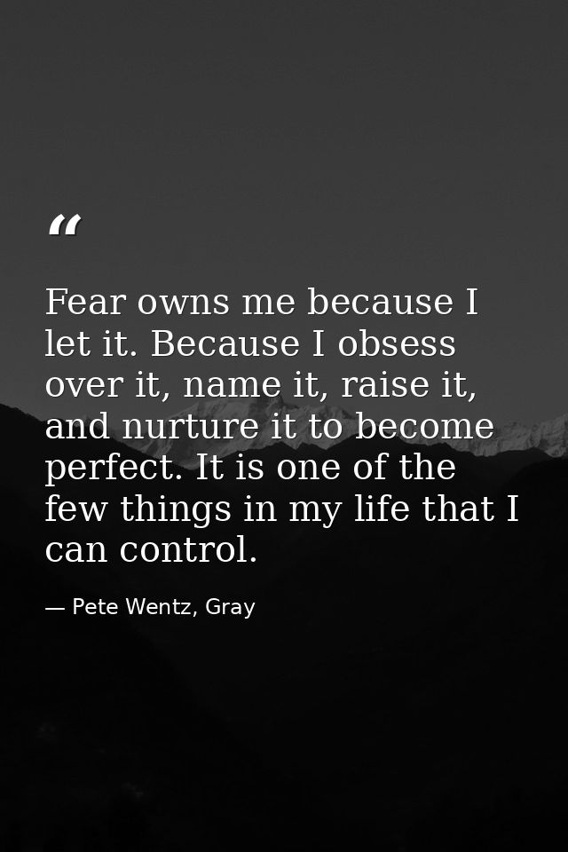 Fear owns me because I let it. Because I obsess over it, name it, raise it, and nurture it to become perfect. It is one  — Pete Wentz, Gray