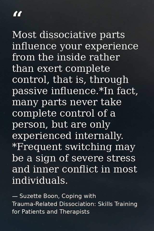 Most dissociative parts influence your experience from the inside rather than exert complete control, that is, through p — Suzette Boon, Coping with Trauma-Related Dissociation: Skills Training for Patients and Therapists