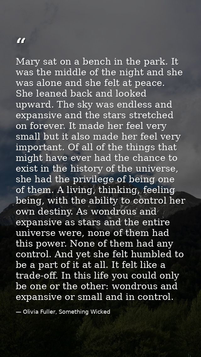 Mary sat on a bench in the park. It was the middle of the night and she was alone and she felt at peace. She leaned back — Olivia Fuller, Something Wicked