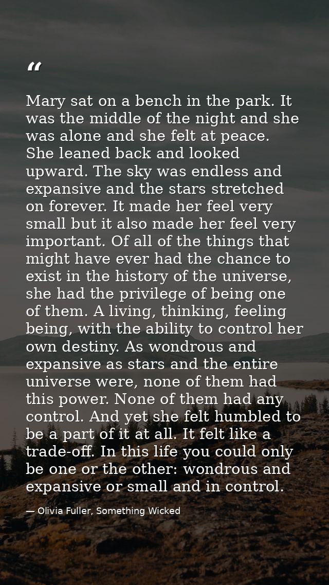 Mary sat on a bench in the park. It was the middle of the night and she was alone and she felt at peace. She leaned back — Olivia Fuller, Something Wicked