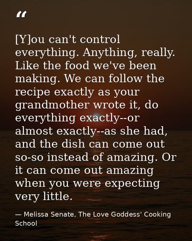 [Y]ou can't control everything. Anything, really. Like the food we've been making. We can follow the recipe exactly as y — Melissa Senate, The Love Goddess' Cooking School
