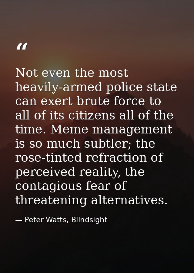 Not even the most heavily-armed police state can exert brute force to all of its citizens all of the time. Meme manageme — Peter Watts, Blindsight