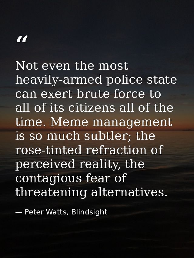 Not even the most heavily-armed police state can exert brute force to all of its citizens all of the time. Meme manageme — Peter Watts, Blindsight