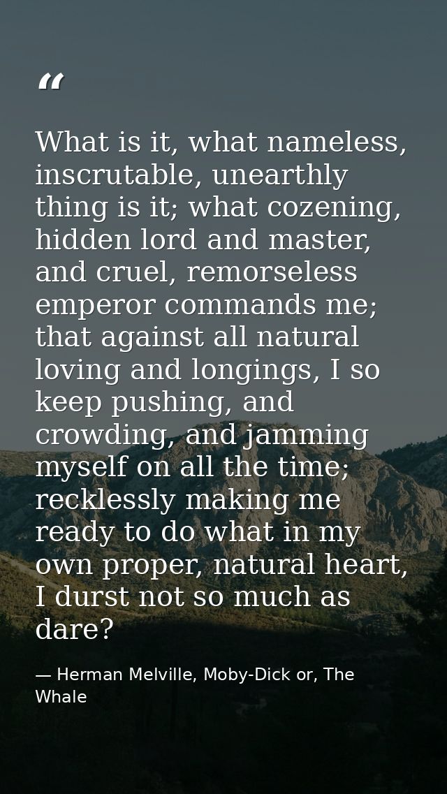 What is it, what nameless, inscrutable, unearthly thing is it; what cozening, hidden lord and master, and cruel, remorse — Herman Melville, Moby-Dick or, The Whale