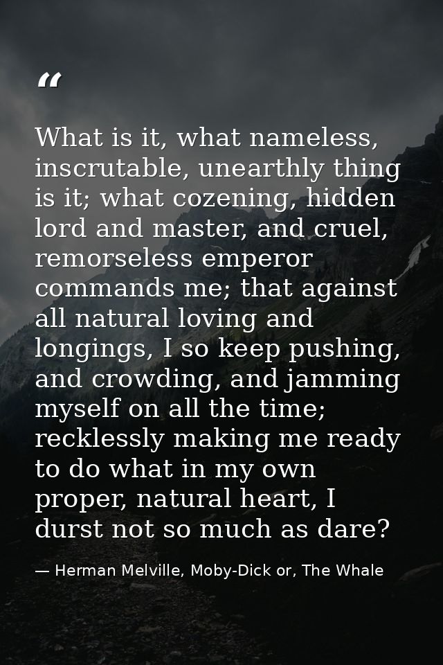 What is it, what nameless, inscrutable, unearthly thing is it; what cozening, hidden lord and master, and cruel, remorse — Herman Melville, Moby-Dick or, The Whale