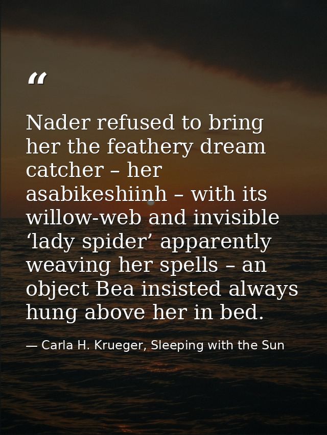 Nader refused to bring her the feathery dream catcher – her asabikeshiinh – with its willow-web and invisible ‘lady spid — Carla H. Krueger, Sleeping with the Sun