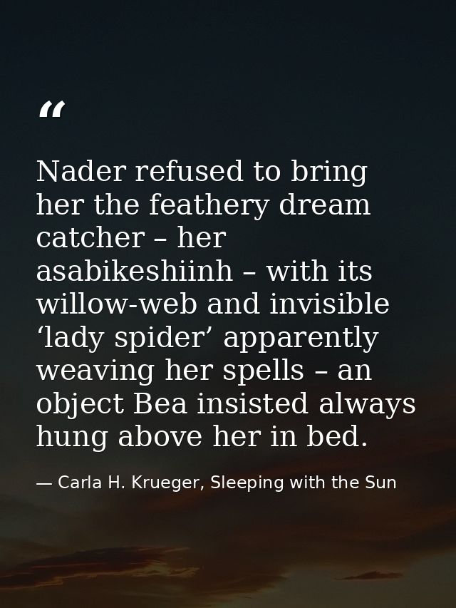 Nader refused to bring her the feathery dream catcher – her asabikeshiinh – with its willow-web and invisible ‘lady spid — Carla H. Krueger, Sleeping with the Sun