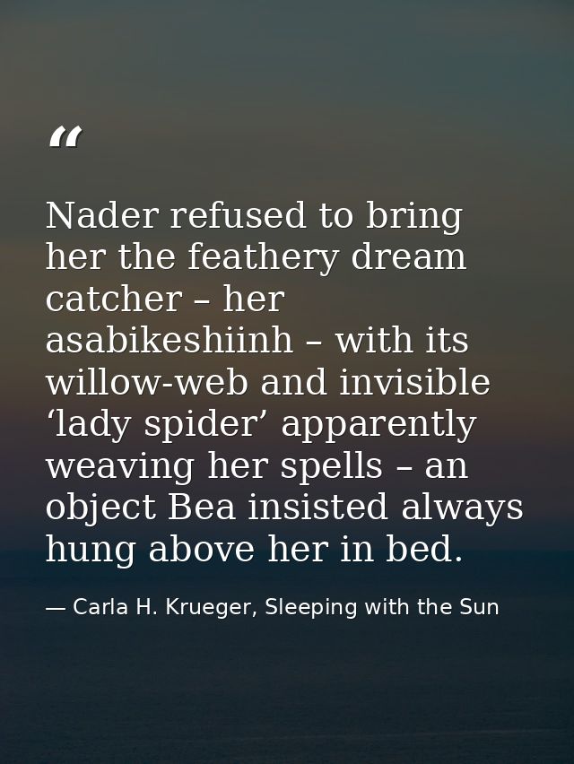 Nader refused to bring her the feathery dream catcher – her asabikeshiinh – with its willow-web and invisible ‘lady spid — Carla H. Krueger, Sleeping with the Sun