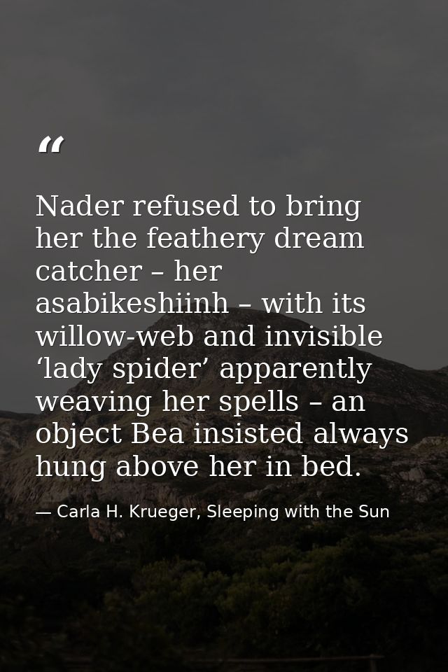 Nader refused to bring her the feathery dream catcher – her asabikeshiinh – with its willow-web and invisible ‘lady spid — Carla H. Krueger, Sleeping with the Sun