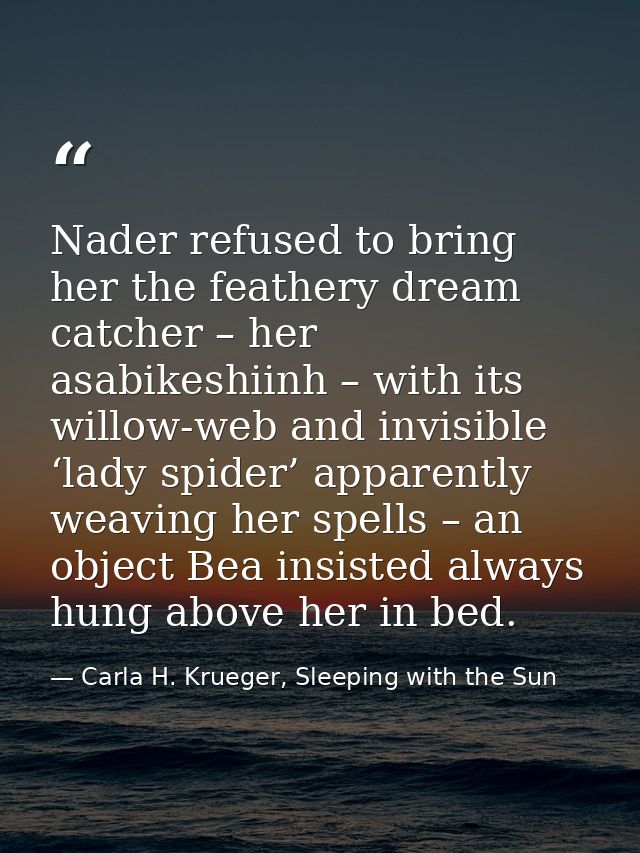 Nader refused to bring her the feathery dream catcher – her asabikeshiinh – with its willow-web and invisible ‘lady spid — Carla H. Krueger, Sleeping with the Sun