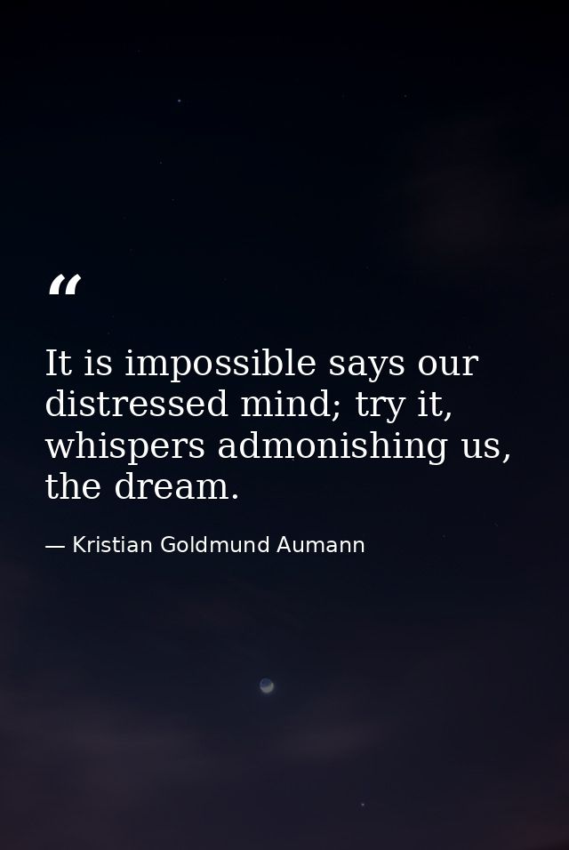 It is impossible says our distressed mind; try it, whispers admonishing us, the dream. — Kristian Goldmund Aumann