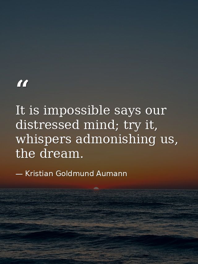 It is impossible says our distressed mind; try it, whispers admonishing us, the dream. — Kristian Goldmund Aumann