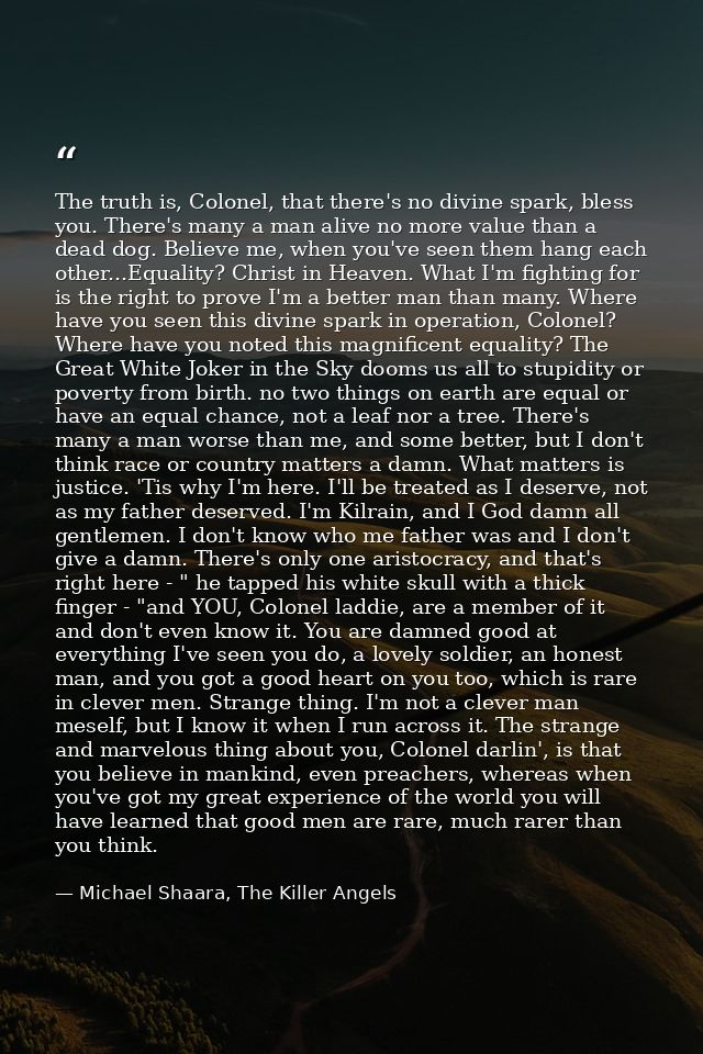 The truth is, Colonel, that there's no divine spark, bless you. There's many a man alive no more value than a dead dog.  — Michael Shaara, The Killer Angels