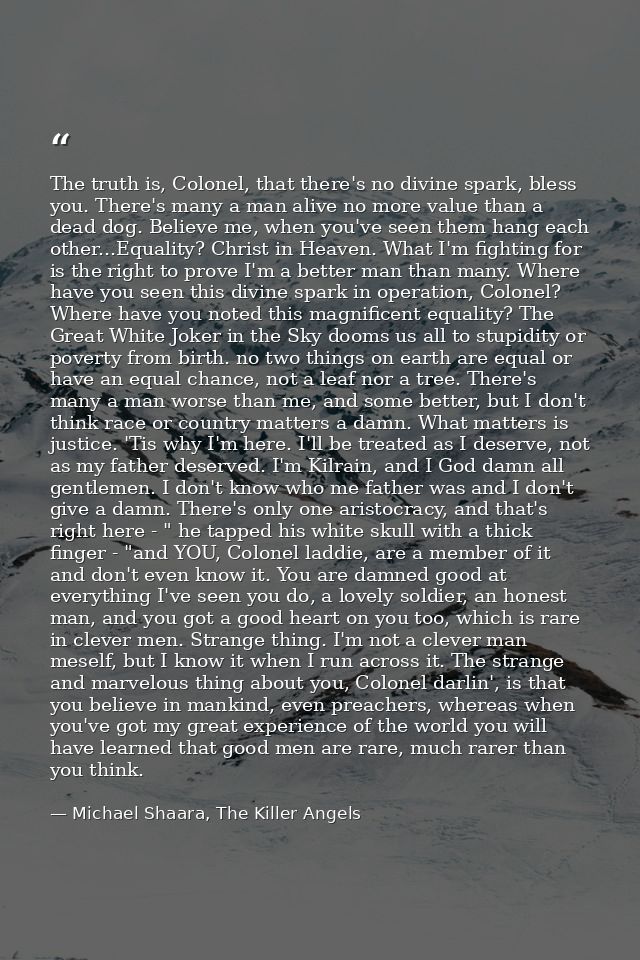 The truth is, Colonel, that there's no divine spark, bless you. There's many a man alive no more value than a dead dog.  — Michael Shaara, The Killer Angels
