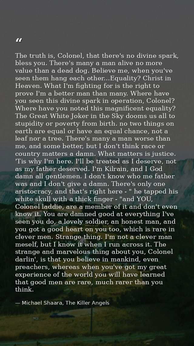 The truth is, Colonel, that there's no divine spark, bless you. There's many a man alive no more value than a dead dog.  — Michael Shaara, The Killer Angels