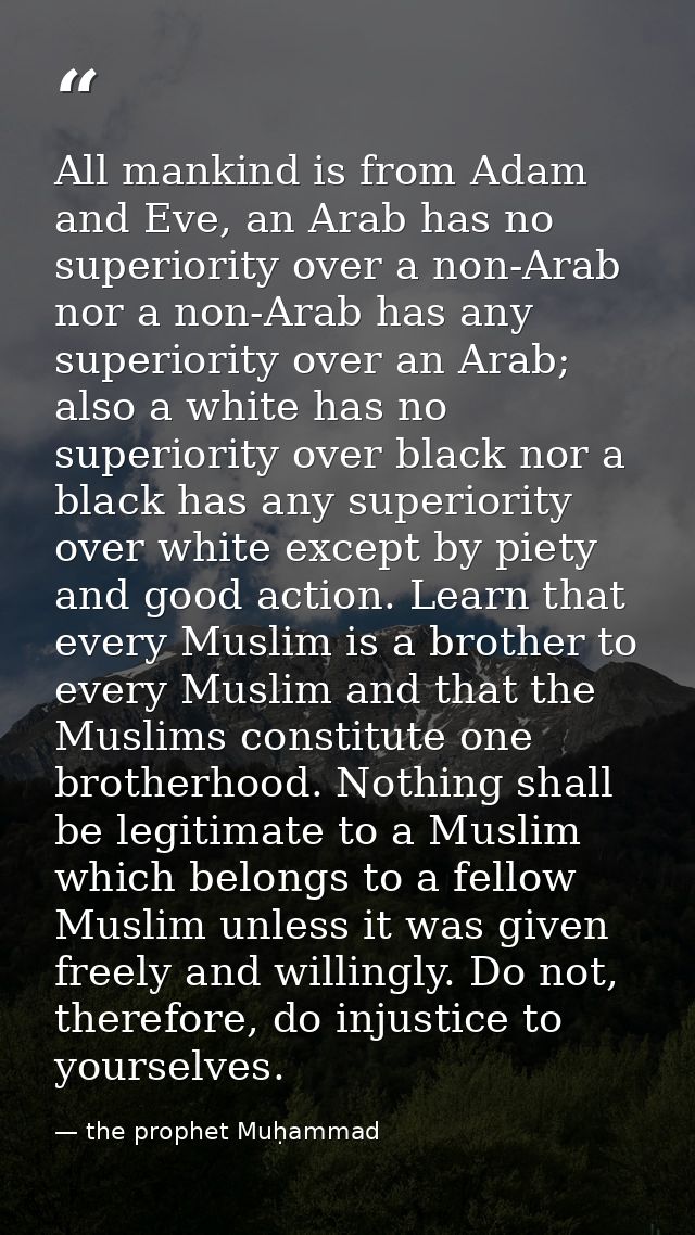 All mankind is from Adam and Eve, an Arab has no superiority over a non-Arab nor a non-Arab has any superiority over an  — the prophet Muḥammad