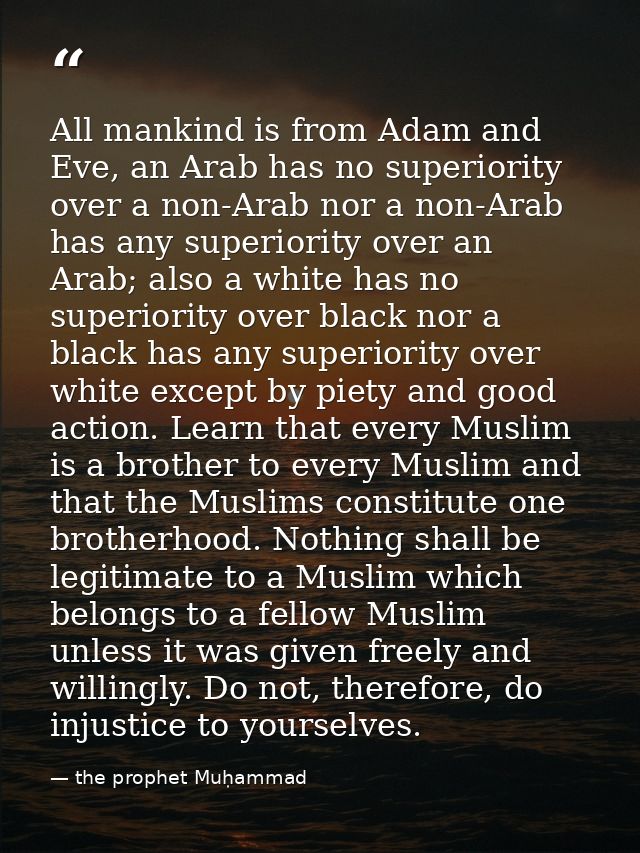 All mankind is from Adam and Eve, an Arab has no superiority over a non-Arab nor a non-Arab has any superiority over an  — the prophet Muḥammad