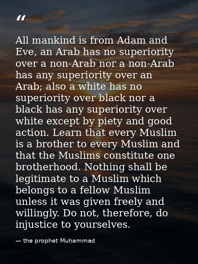 All mankind is from Adam and Eve, an Arab has no superiority over a non-Arab nor a non-Arab has any superiority over an  — the prophet Muḥammad