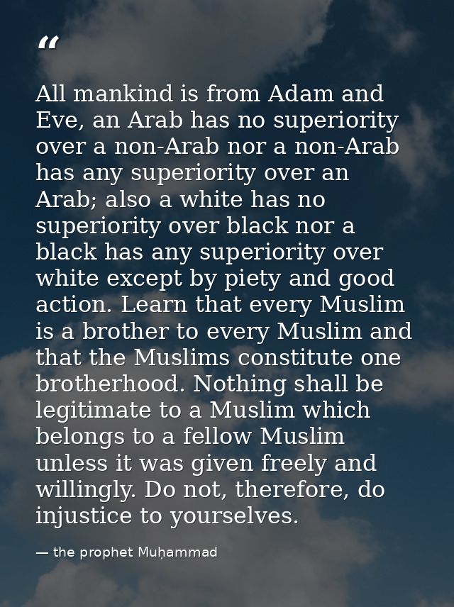 All mankind is from Adam and Eve, an Arab has no superiority over a non-Arab nor a non-Arab has any superiority over an  — the prophet Muḥammad