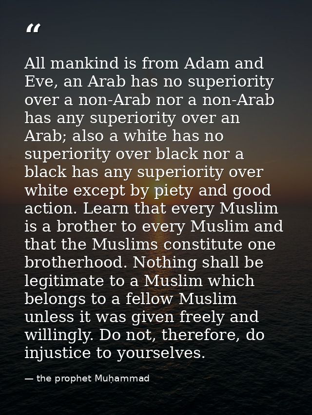 All mankind is from Adam and Eve, an Arab has no superiority over a non-Arab nor a non-Arab has any superiority over an  — the prophet Muḥammad