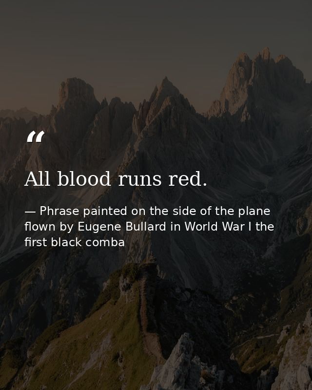 All blood runs red. — Phrase painted on the side of the plane flown by Eugene Bullard in World War I the first black comba
