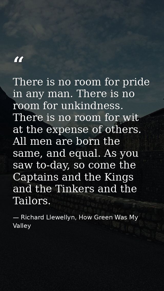 There is no room for pride in any man. There is no room for unkindness. There is no room for wit at the expense of other — Richard Llewellyn, How Green Was My Valley