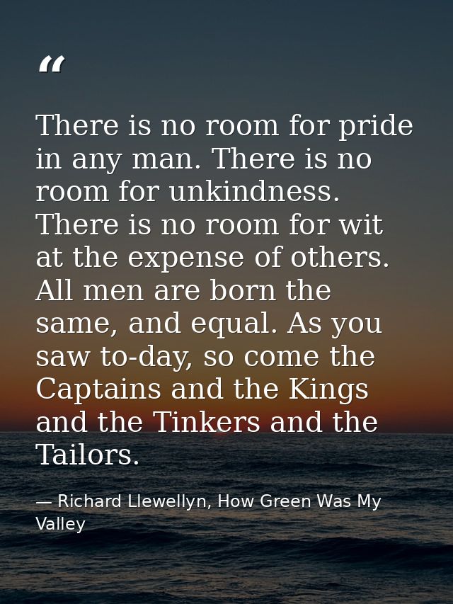 There is no room for pride in any man. There is no room for unkindness. There is no room for wit at the expense of other — Richard Llewellyn, How Green Was My Valley