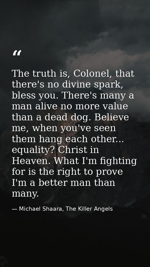 The truth is, Colonel, that there's no divine spark, bless you. There's many a man alive no more value than a dead dog.  — Michael Shaara, The Killer Angels