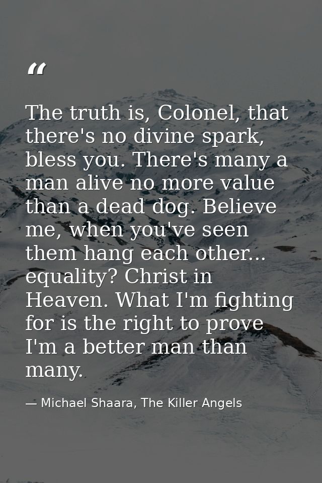 The truth is, Colonel, that there's no divine spark, bless you. There's many a man alive no more value than a dead dog.  — Michael Shaara, The Killer Angels
