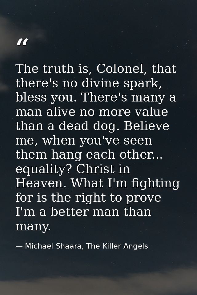 The truth is, Colonel, that there's no divine spark, bless you. There's many a man alive no more value than a dead dog.  — Michael Shaara, The Killer Angels