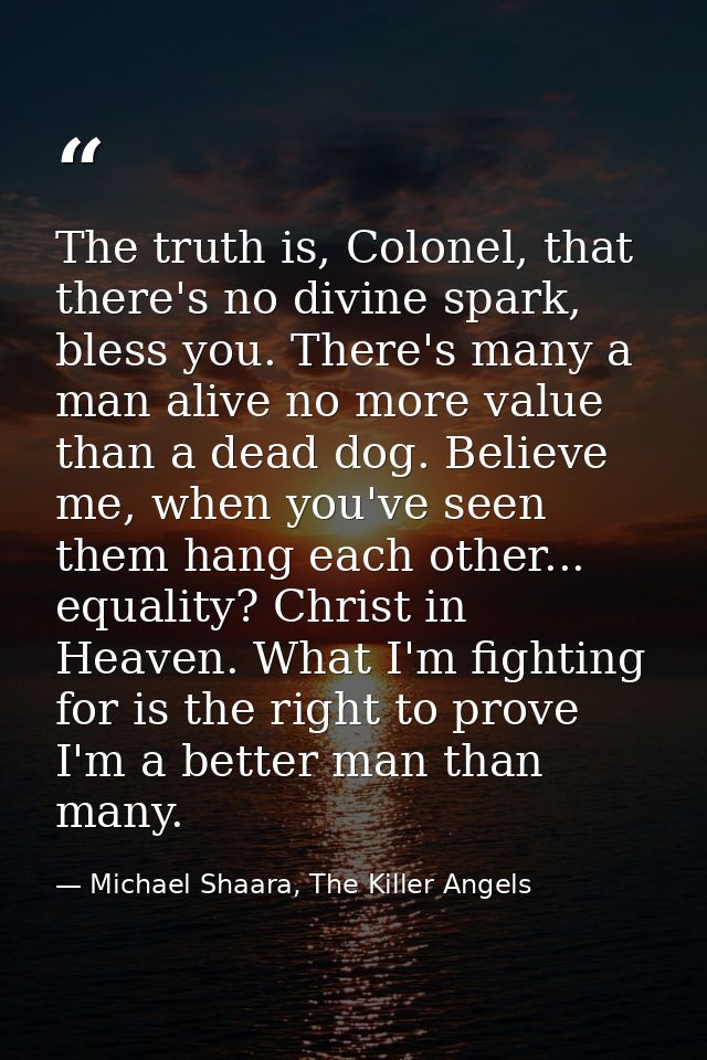 The truth is, Colonel, that there's no divine spark, bless you. There's many a man alive no more value than a dead dog.  — Michael Shaara, The Killer Angels