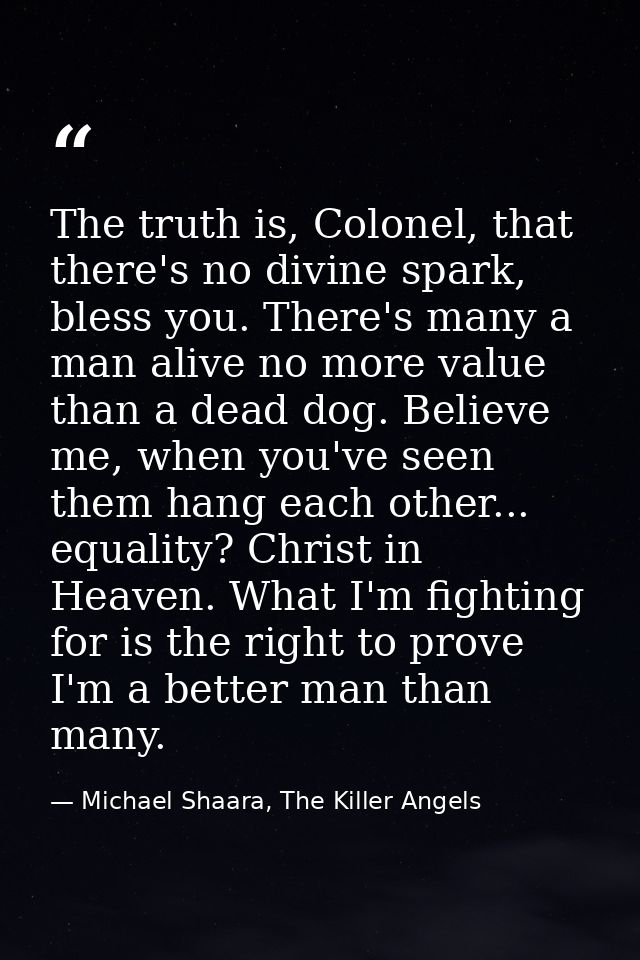The truth is, Colonel, that there's no divine spark, bless you. There's many a man alive no more value than a dead dog.  — Michael Shaara, The Killer Angels