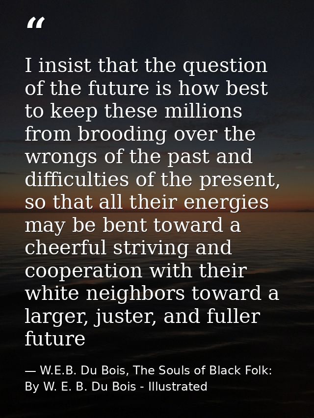 I insist that the question of the future is how best to keep these millions from brooding over the wrongs of the past an — W.E.B. Du Bois, The Souls of Black Folk: By W. E. B. Du Bois - Illustrated