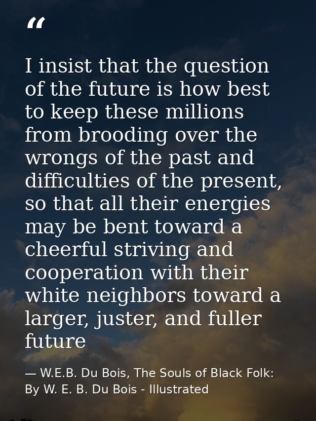 I insist that the question of the future is how best to keep these millions from brooding over the wrongs of the past an — W.E.B. Du Bois, The Souls of Black Folk: By W. E. B. Du Bois - Illustrated