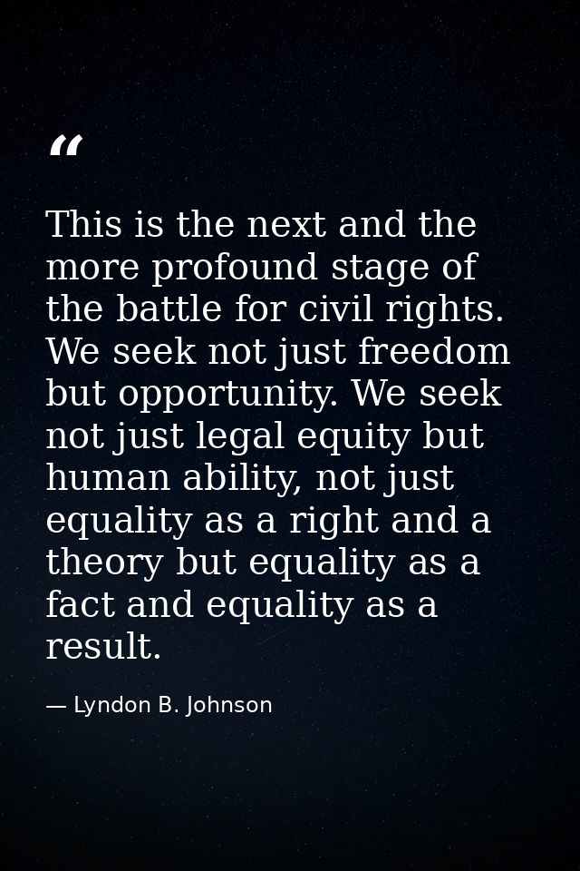 This is the next and the more profound stage of the battle for civil rights. We seek not just freedom but opportunity. W — Lyndon B. Johnson