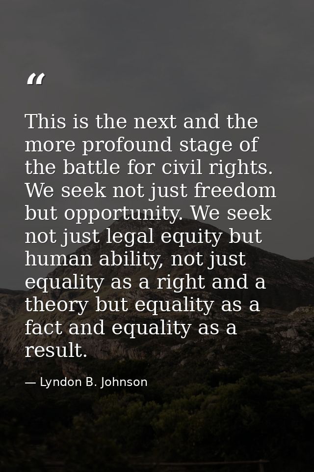 This is the next and the more profound stage of the battle for civil rights. We seek not just freedom but opportunity. W — Lyndon B. Johnson