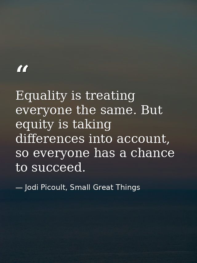 Equality is treating everyone the same. But equity is taking differences into account, so everyone has a chance to succe — Jodi Picoult, Small Great Things