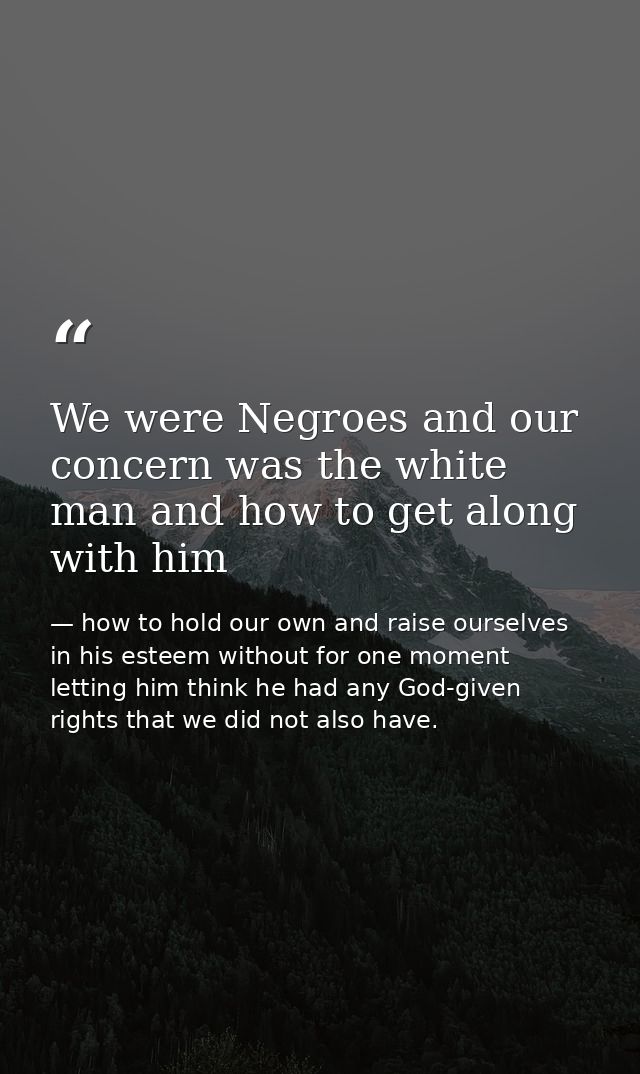 We were Negroes and our concern was the white man and how to get along with him — how to hold our own and raise ourselves in his esteem without for one moment letting him think he had any God-given rights that we did not also have.
